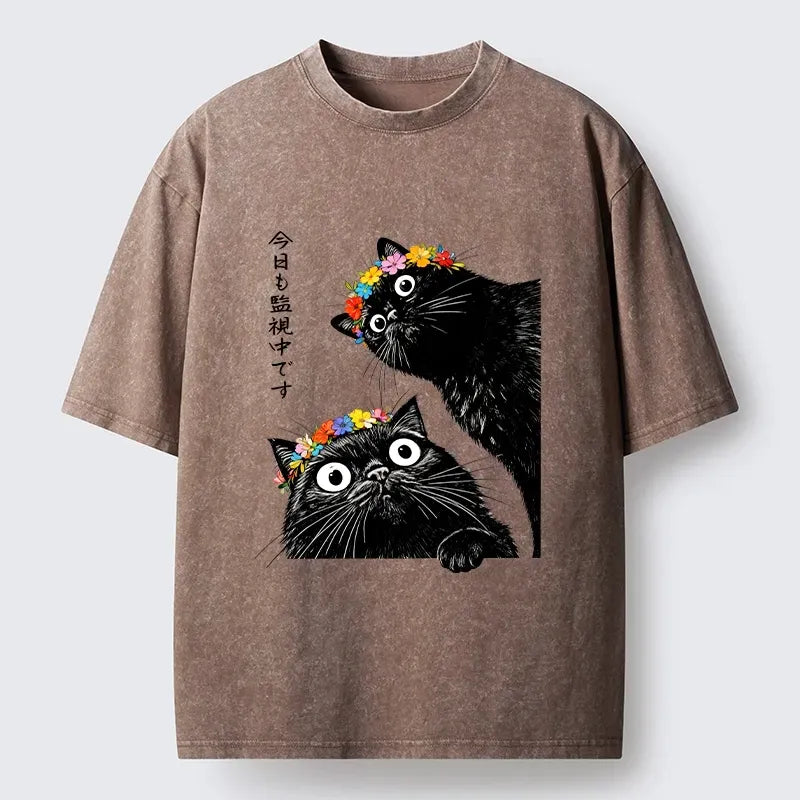 Japanese vintage cat t-shirt for daily wear