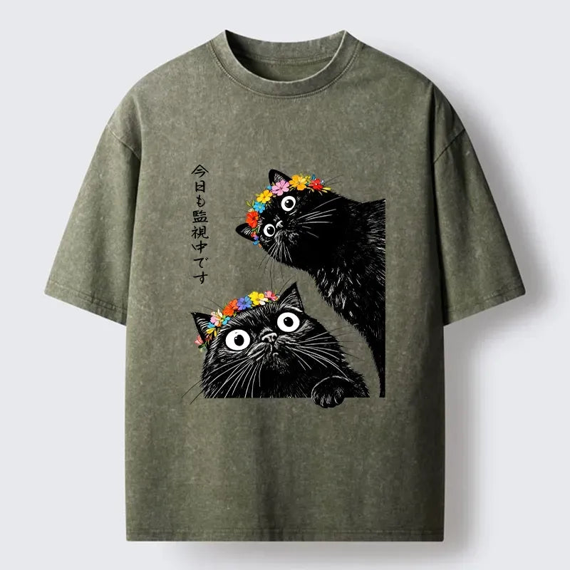 Washed black cat t-shirt on sale