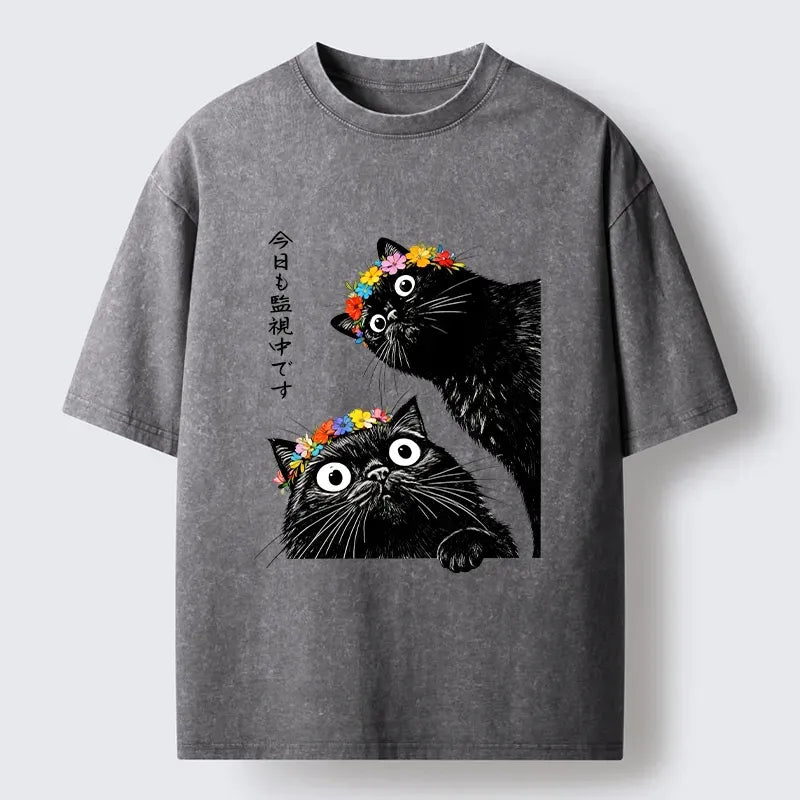 Japanese vintage cat t-shirt for daily wear