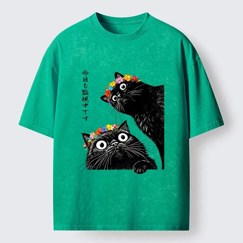 Washed black cat t-shirt on sale