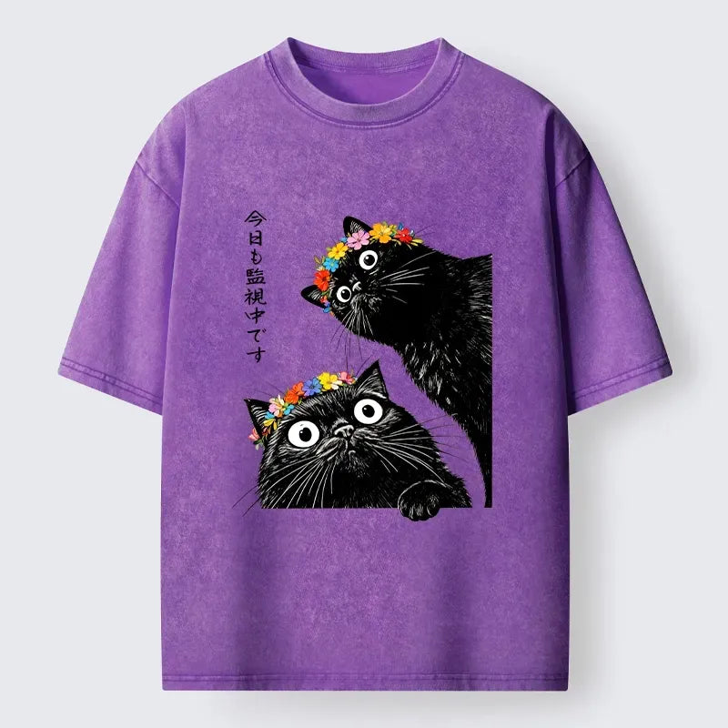 Washed black cat t-shirt on sale