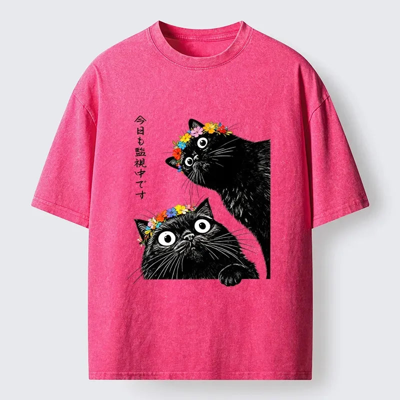 Washed black cat t-shirt on sale