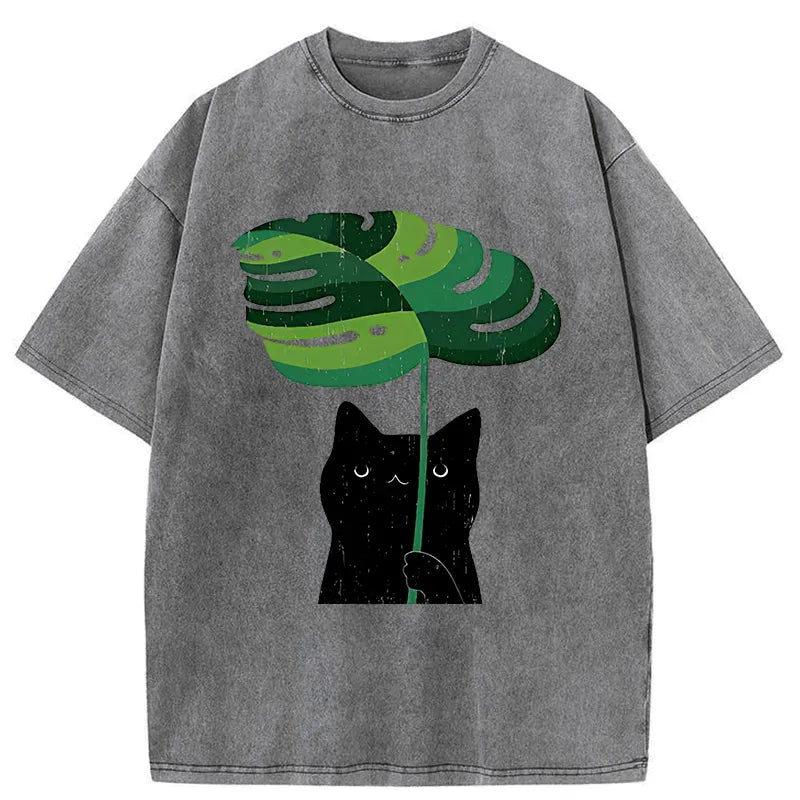 Kyoto-Lion Monstera Deliciosa And Cat Washed T-Shirt