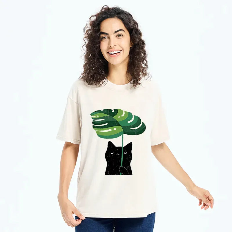 Kyoto-Lion Monstera Deliciosa And Cat Washed T-Shirt