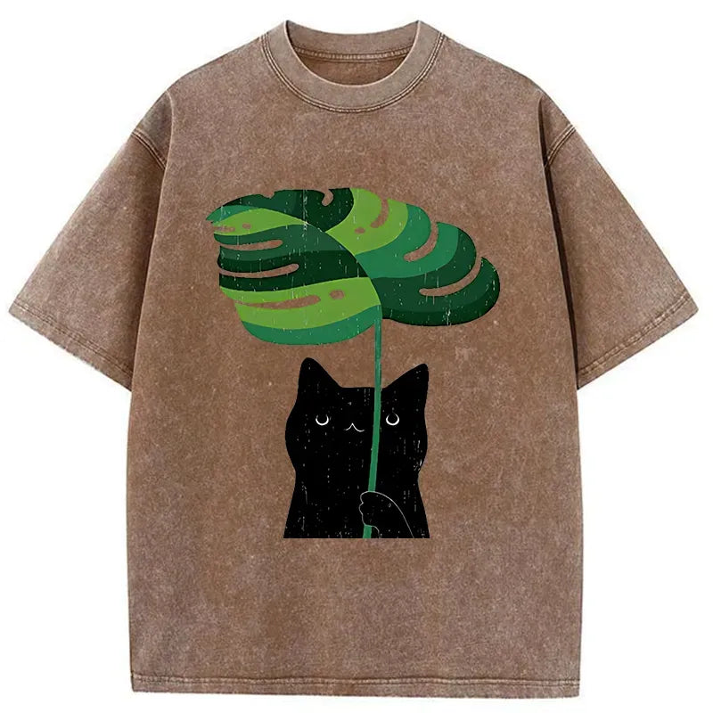 Kyoto-Lion Monstera Deliciosa And Cat Washed T-Shirt