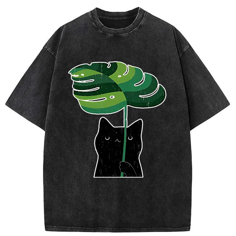 Kyoto-Lion Monstera Deliciosa And Cat Washed T-Shirt