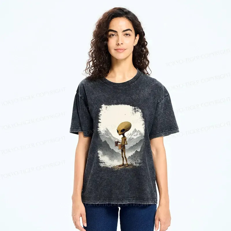 Kyoto-Lion Alien With Beer Funny Washed T-Shirt