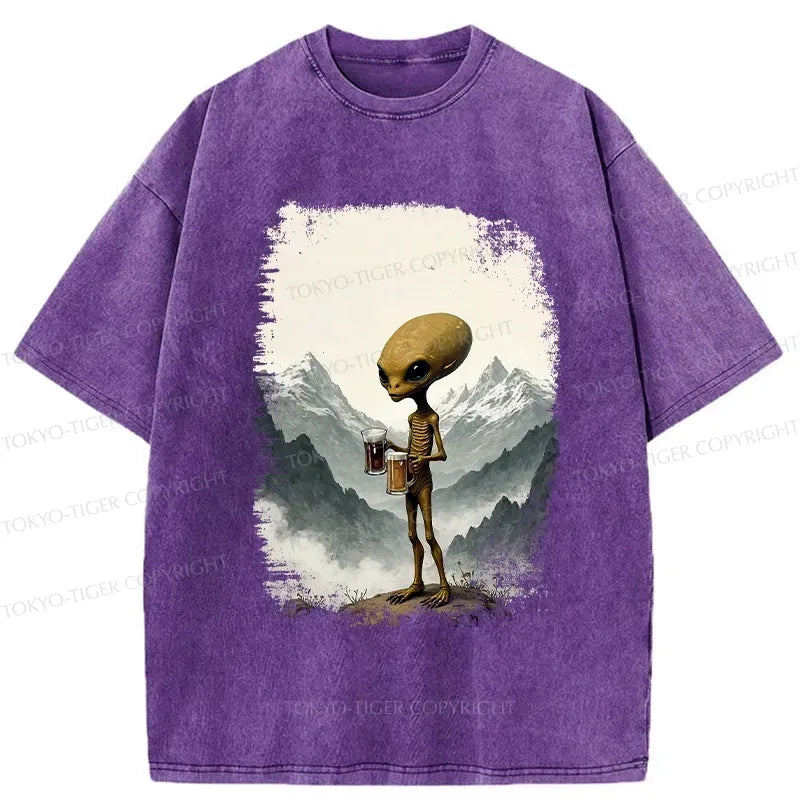 Kyoto-Lion Alien With Beer Funny Washed T-Shirt
