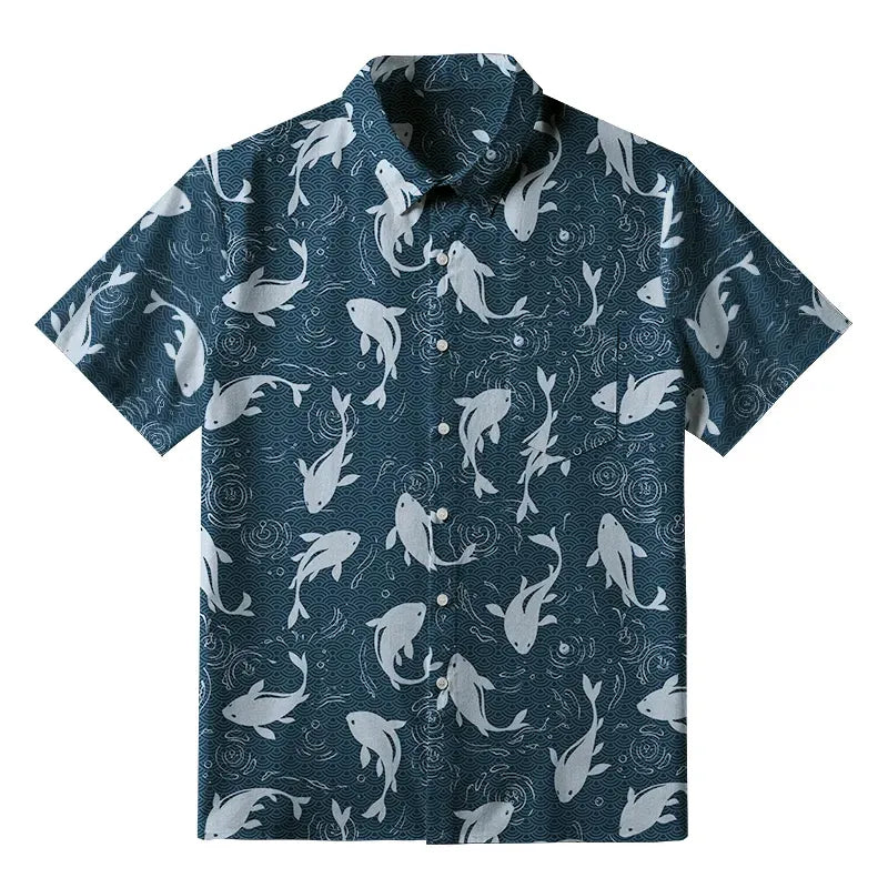 Japanese Wave Print Button-up Shirt