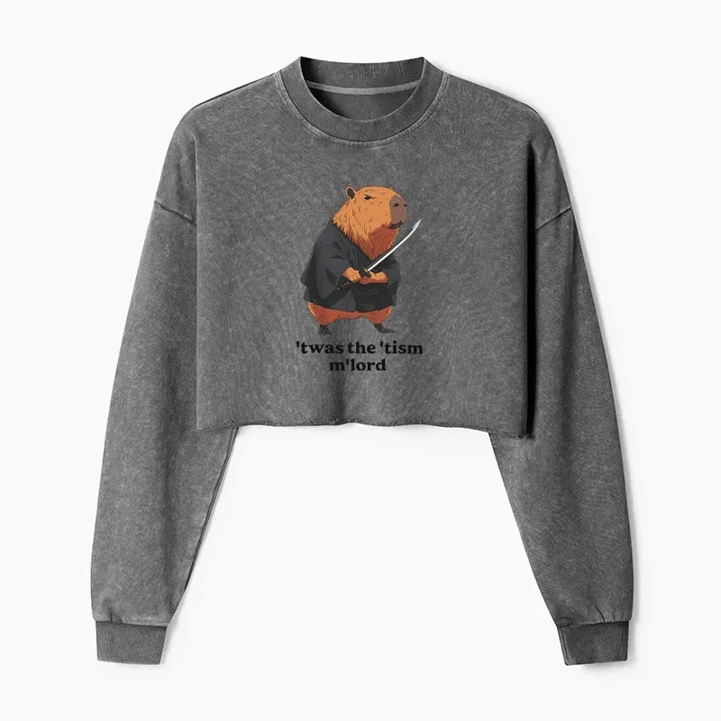 Kyoto-Lion Focused Samurai Capybara Washed Crop Sweatshirt