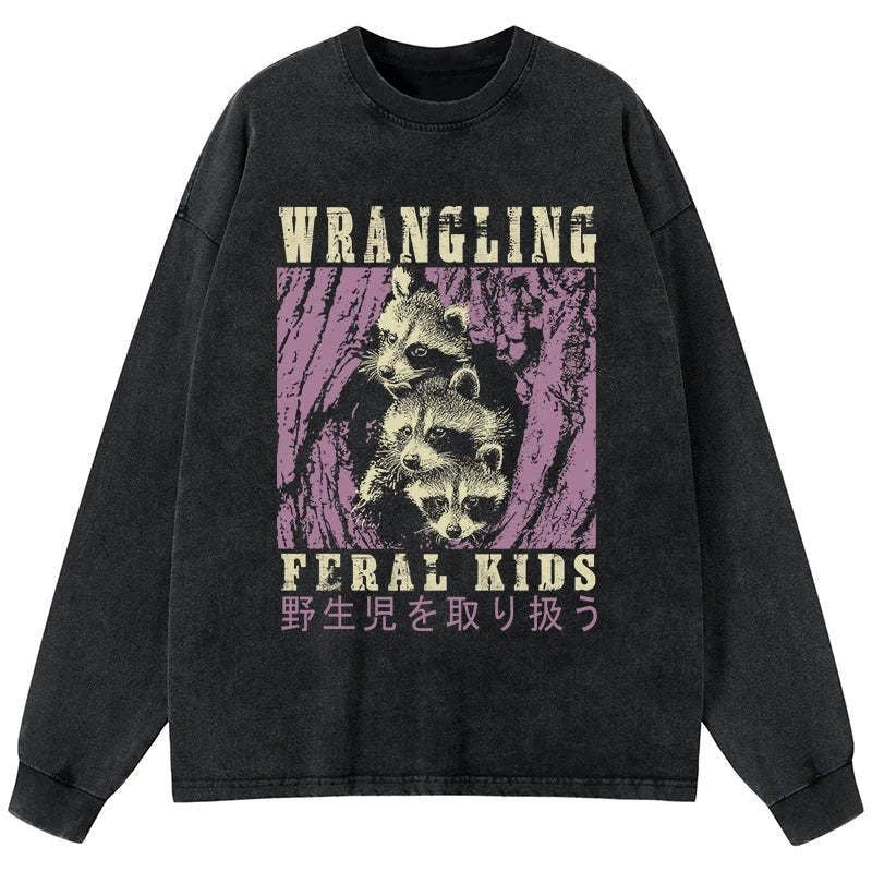 Kyoto-Lion Wrangling Feral Raccoon Kids Washed Long Sleeve T-Shirt