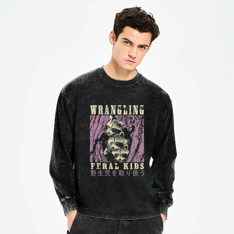 Kyoto-Lion Wrangling Feral Raccoon Kids Washed Long Sleeve T-Shirt