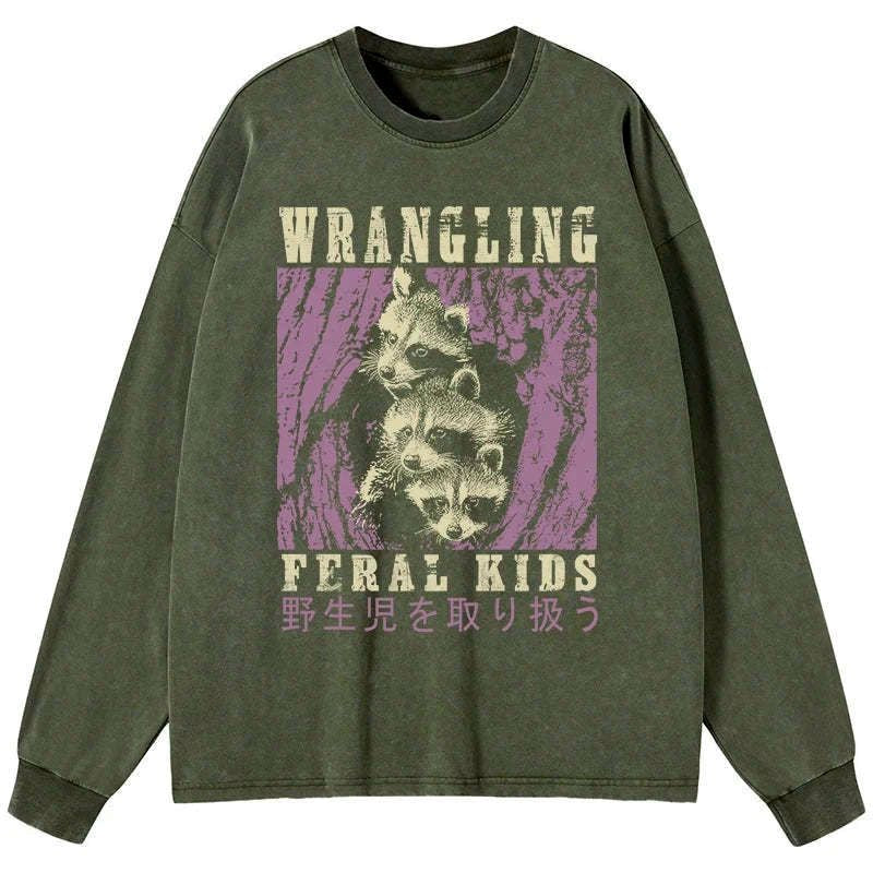 Kyoto-Lion Wrangling Feral Raccoon Kids Washed Long Sleeve T-Shirt