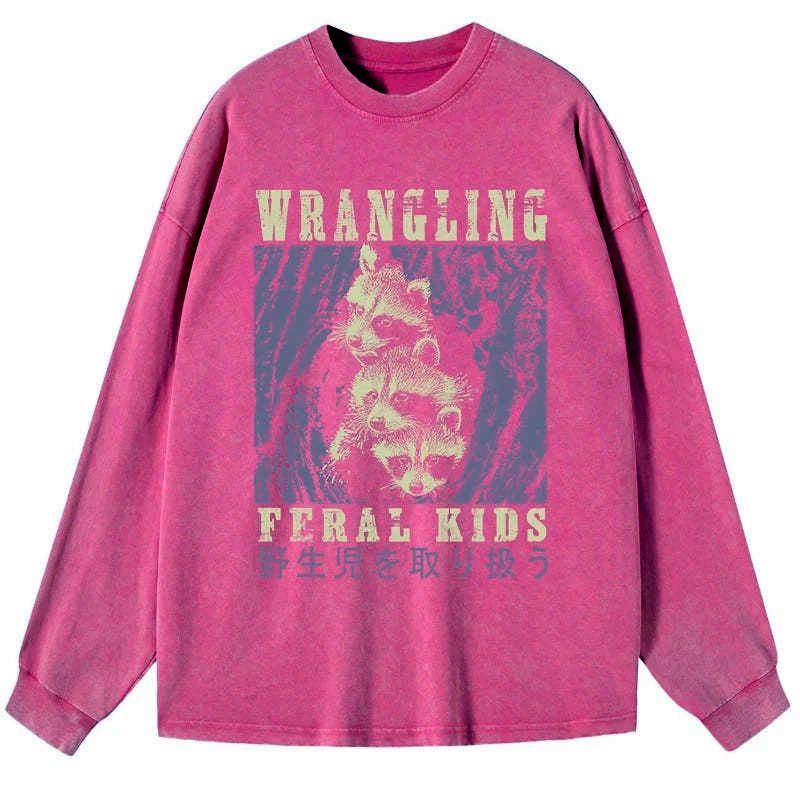 Kyoto-Lion Wrangling Feral Raccoon Kids Washed Long Sleeve T-Shirt