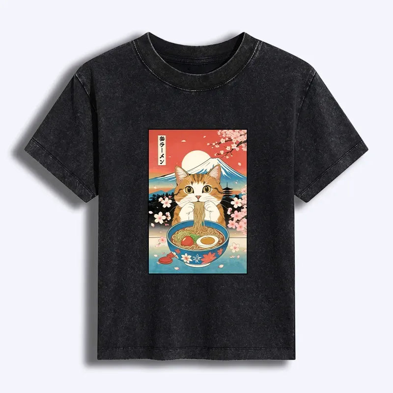 Kyoto-Lion Funny Orange Cat Eating Ramen Japan Women's Washed T-shirt