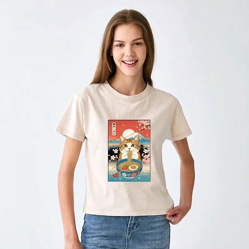 Funny Orange Cat Eating Ramen Japan T-shirt