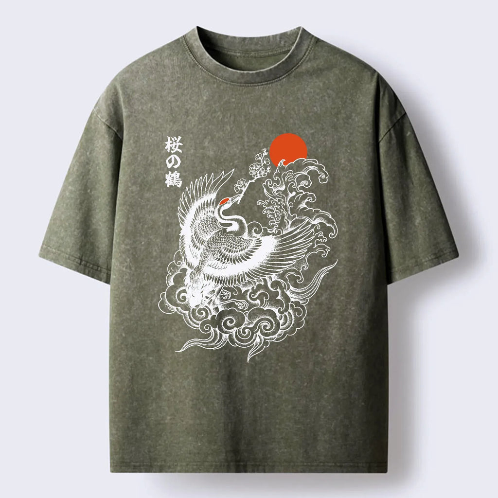 Kyoto-Lion Sakura Crane In Flight Washed T-Shirt