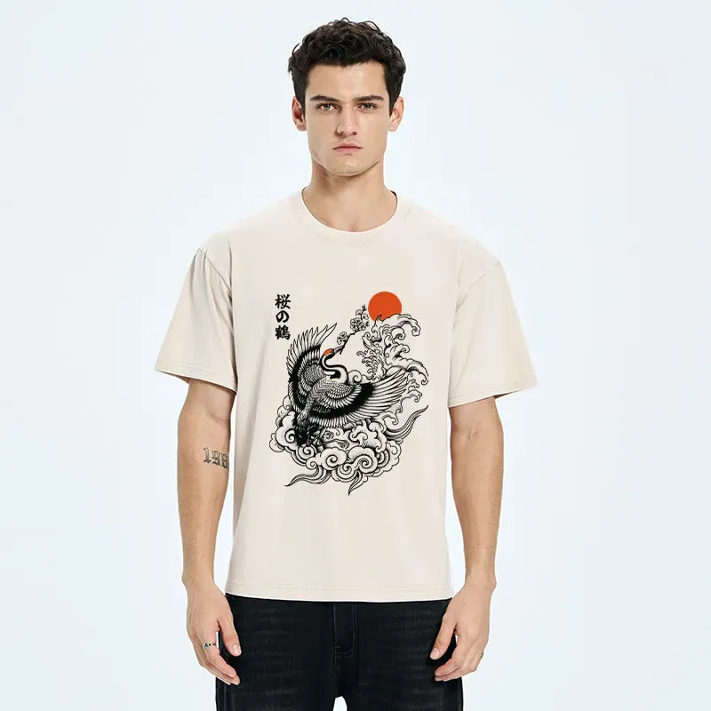 Kyoto-Lion Sakura Crane In Flight Washed T-Shirt