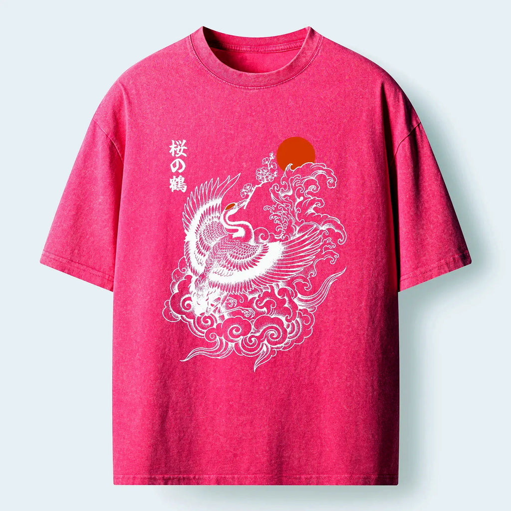 Kyoto-Lion Sakura Crane In Flight Washed T-Shirt