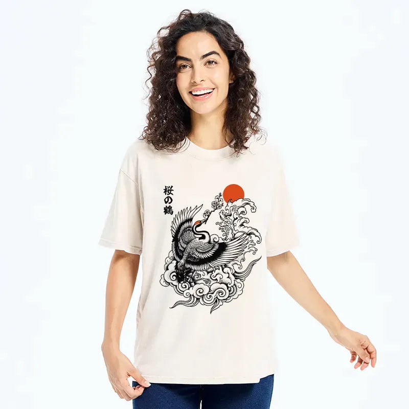 Kyoto-Lion Sakura Crane In Flight Washed T-Shirt