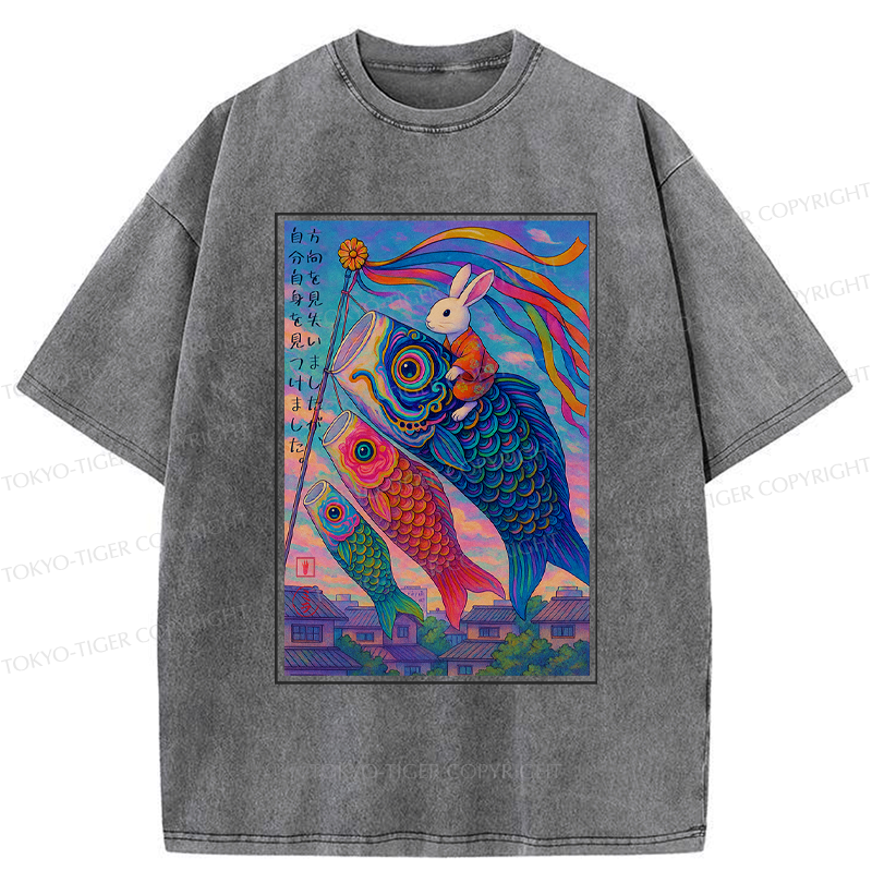 Kyoto-Lion Ukiyoe Rabbit Ride Carp Streamer Poster Washed T-Shirt