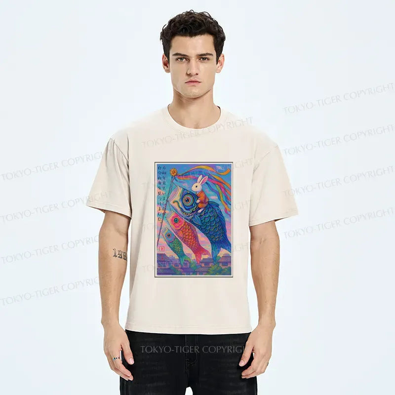 Kyoto-Lion Ukiyoe Rabbit Ride Carp Streamer Poster Washed T-Shirt