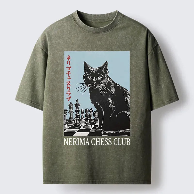 Kyoto-Lion Chess And Cat Washed T-Shirt