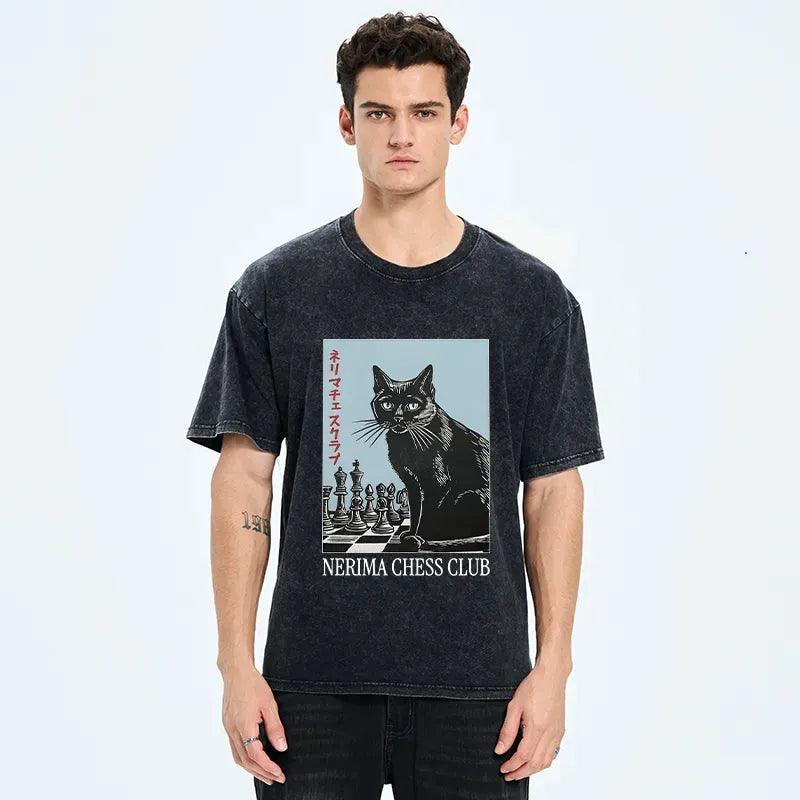 Kyoto-Lion Chess And Cat Washed T-Shirt