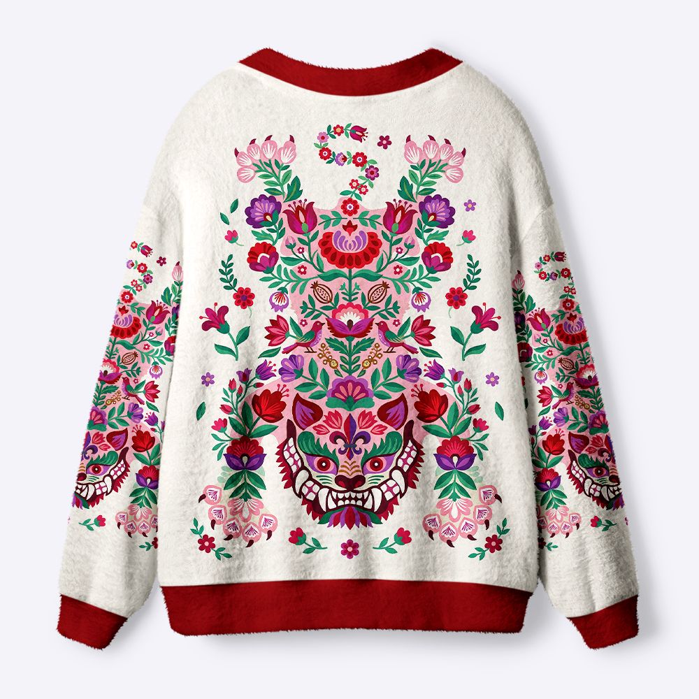Kyoto-Lion Floral Tiger Ugly Cardigan Sweater