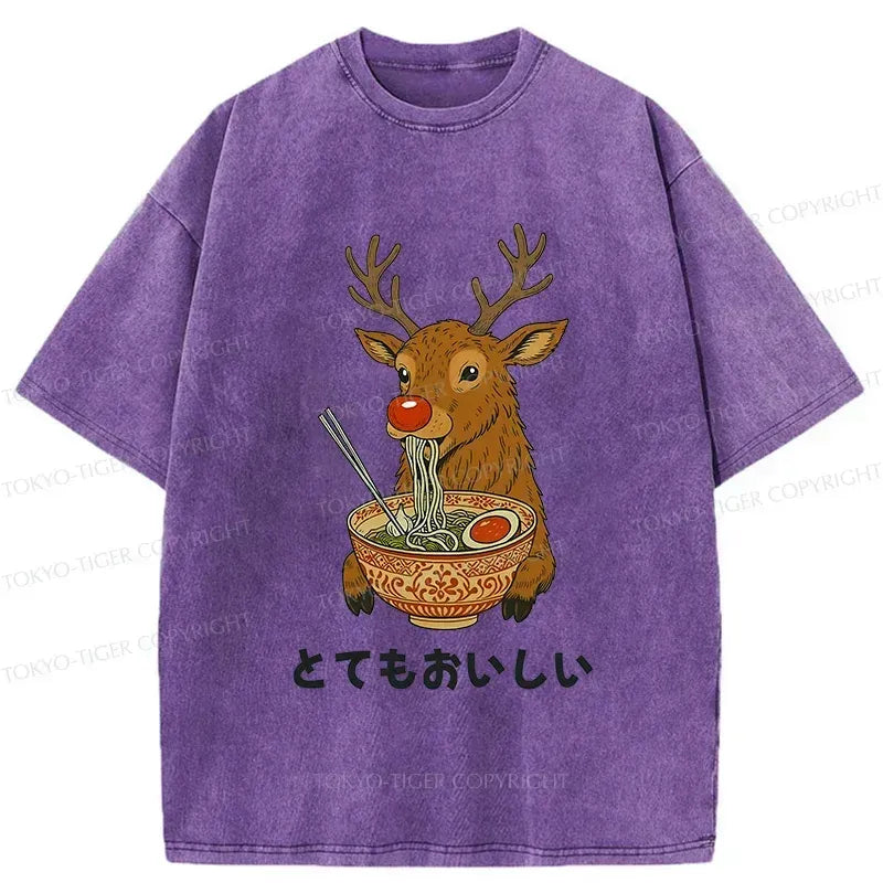 Kyoto-Lion Reindeer Eating Ramen Washed T-Shirt