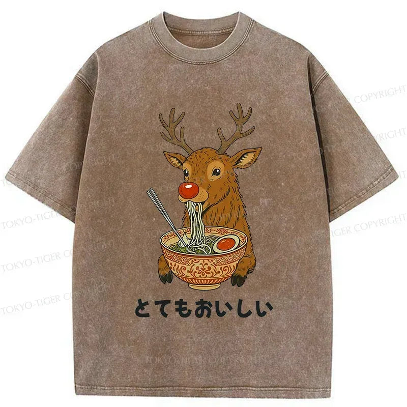 Kyoto-Lion Reindeer Eating Ramen Washed T-Shirt