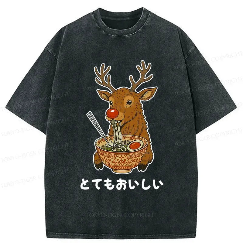 Kyoto-Lion Reindeer Eating Ramen Washed T-Shirt