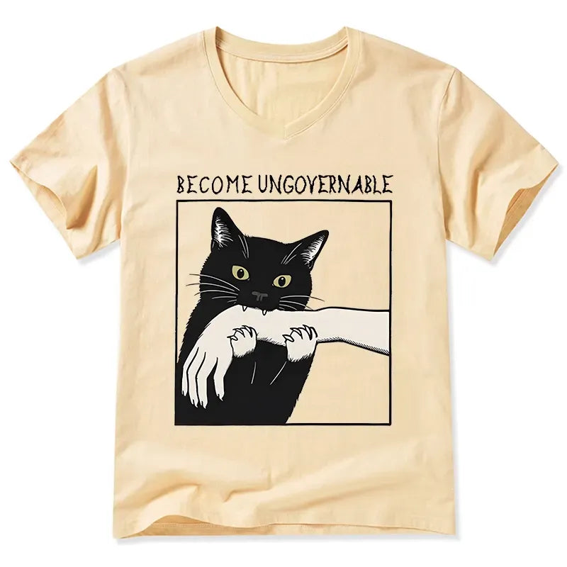Kyoto-Lion Black Cat Biting V-Neck Classic T-Shirt