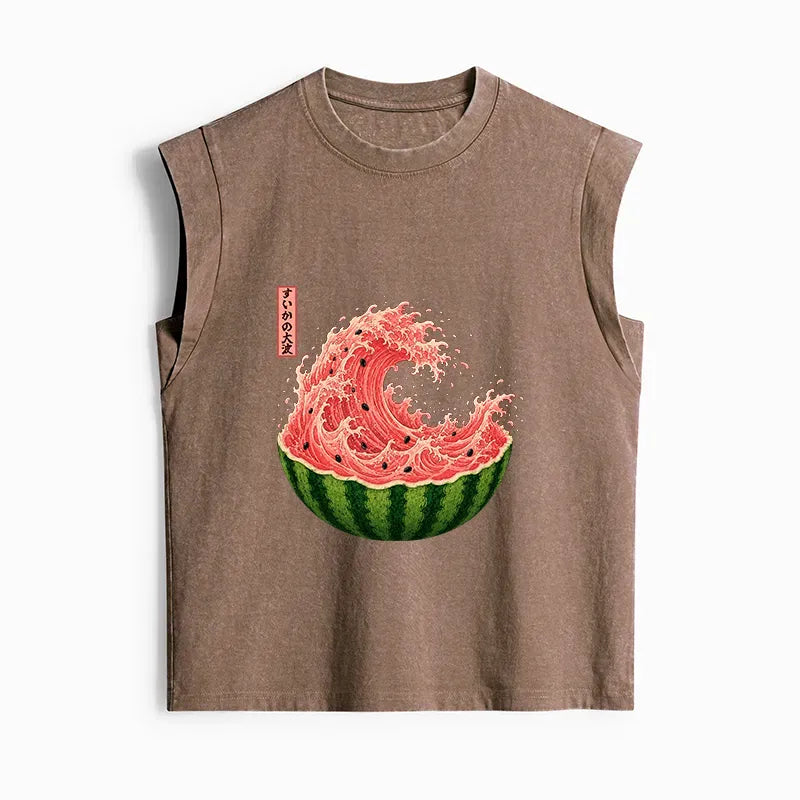 Kyoto-Lion Watermelon Wave Summer Ukiyo Art Women's Washed Tank Tops