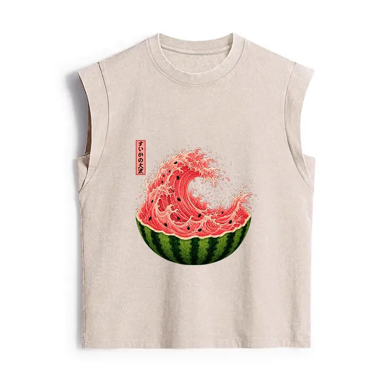 Kyoto-Lion Watermelon Wave Summer Ukiyo Art Women's Washed Tank Tops