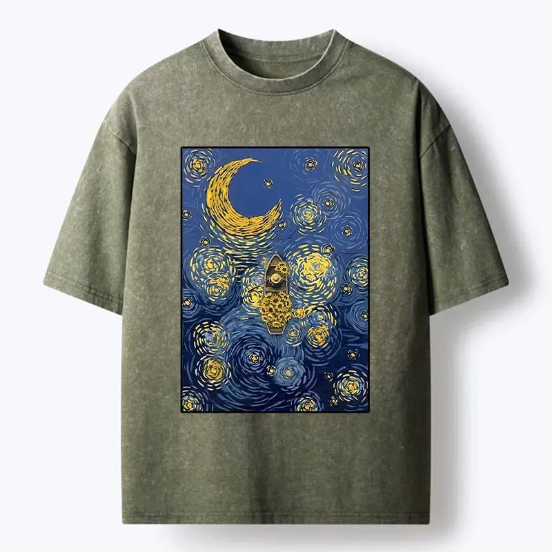 Kyoto-Lion Van Gogh Vibes With Sunflower Boat Washed T-Shirt