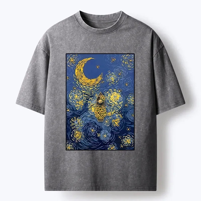 Kyoto-Lion Van Gogh Vibes With Sunflower Boat Washed T-Shirt