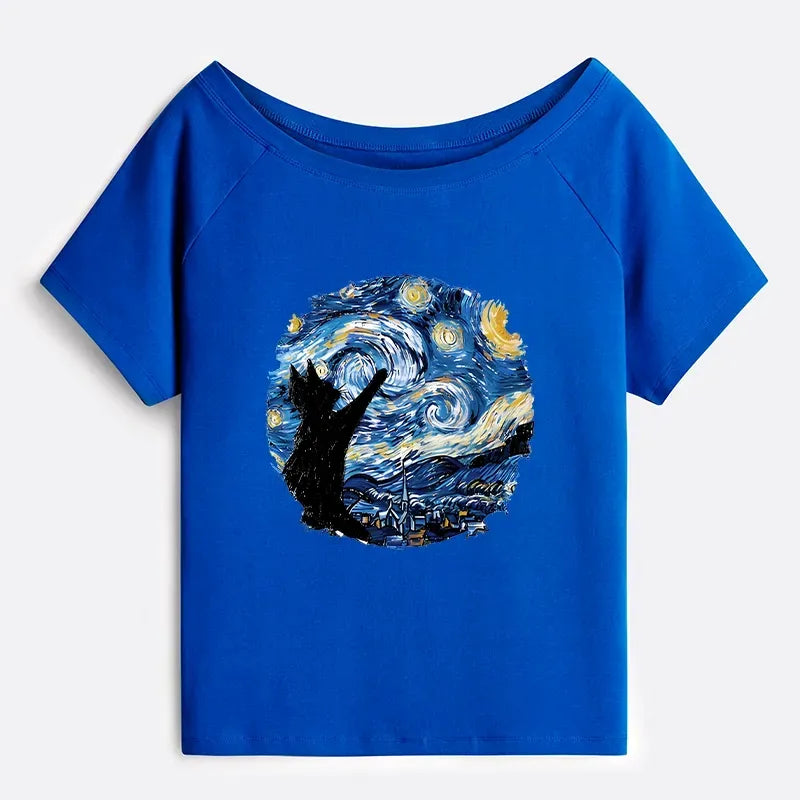Japanese black cat off shoulder t-shirt