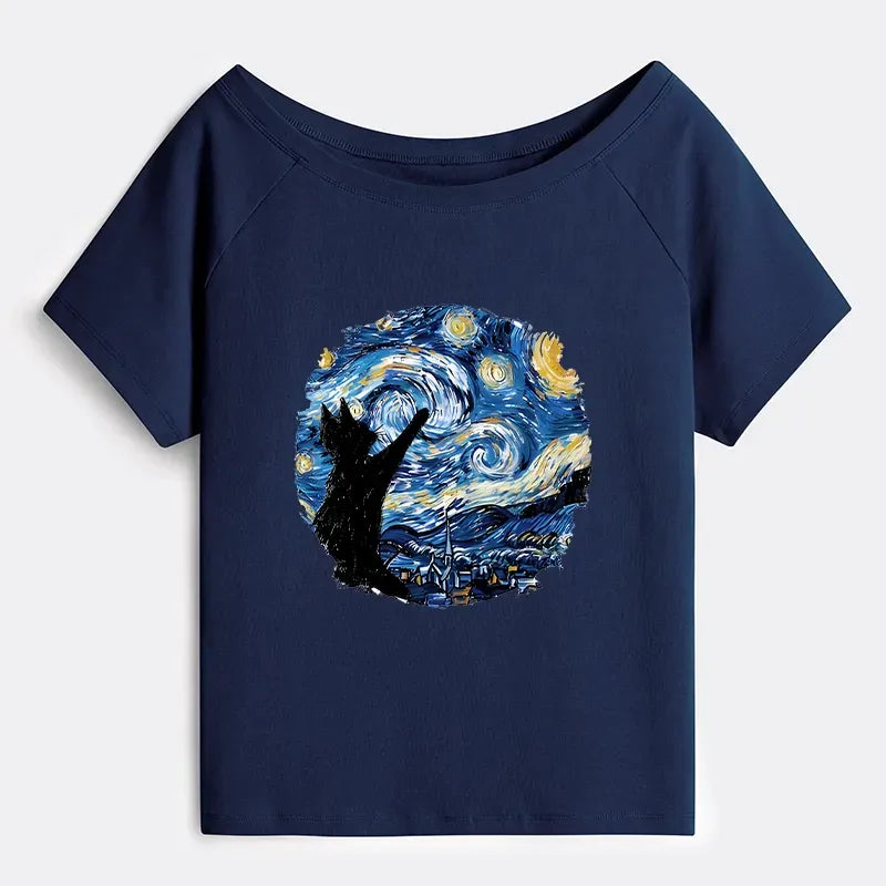 starry night cat tee for women