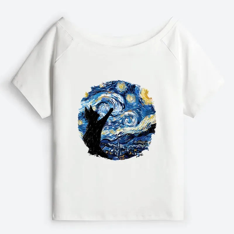 Japanese black cat off shoulder t-shirt