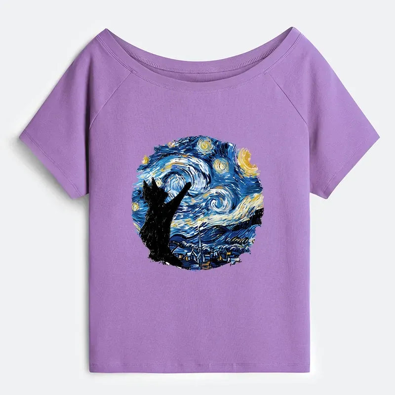 Japanese black cat off shoulder t-shirt
