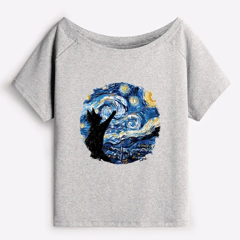starry night cat tee for women