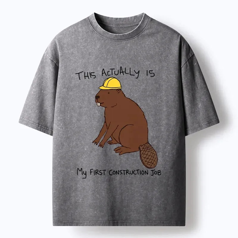 Kyoto-Lion Hard Hat Beaver Work Relatable Print Washed T-Shirt