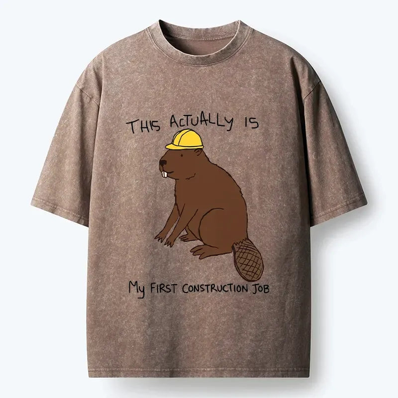 Kyoto-Lion Hard Hat Beaver Work Relatable Print Washed T-Shirt
