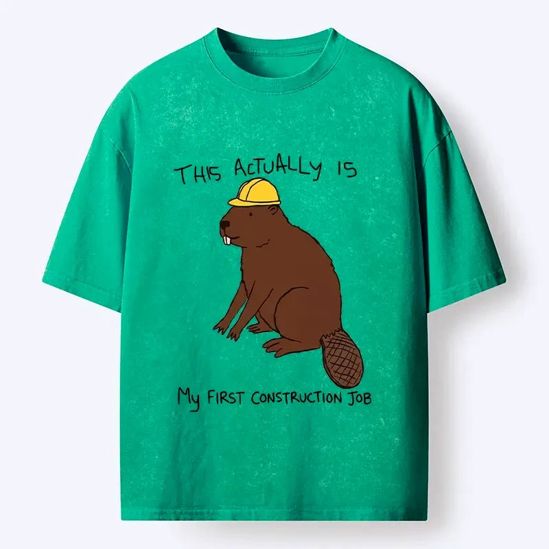 Kyoto-Lion Hard Hat Beaver Work Relatable Print Washed T-Shirt
