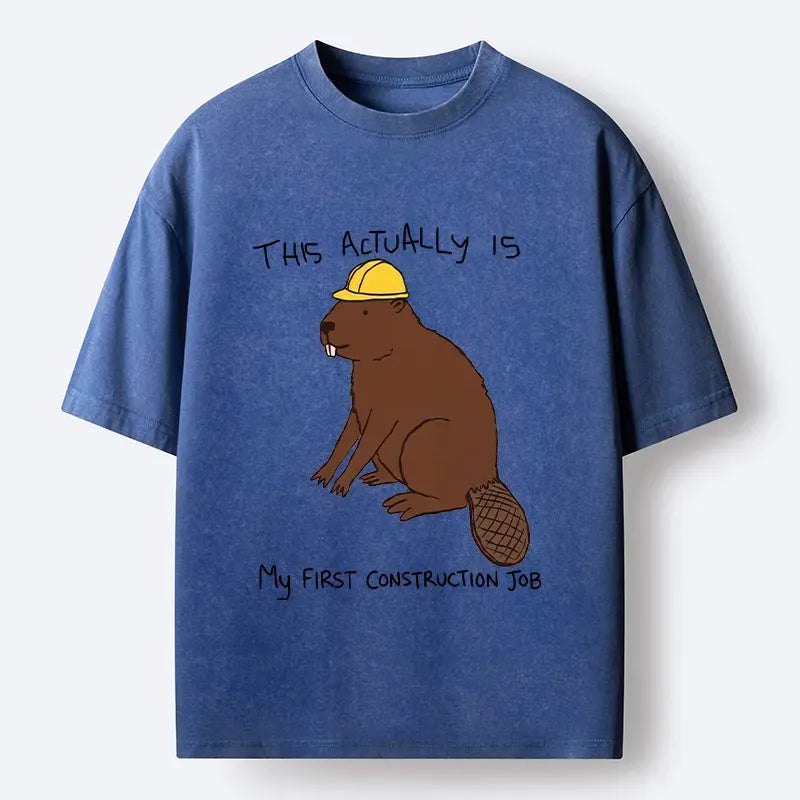 Kyoto-Lion Hard Hat Beaver Work Relatable Print Washed T-Shirt