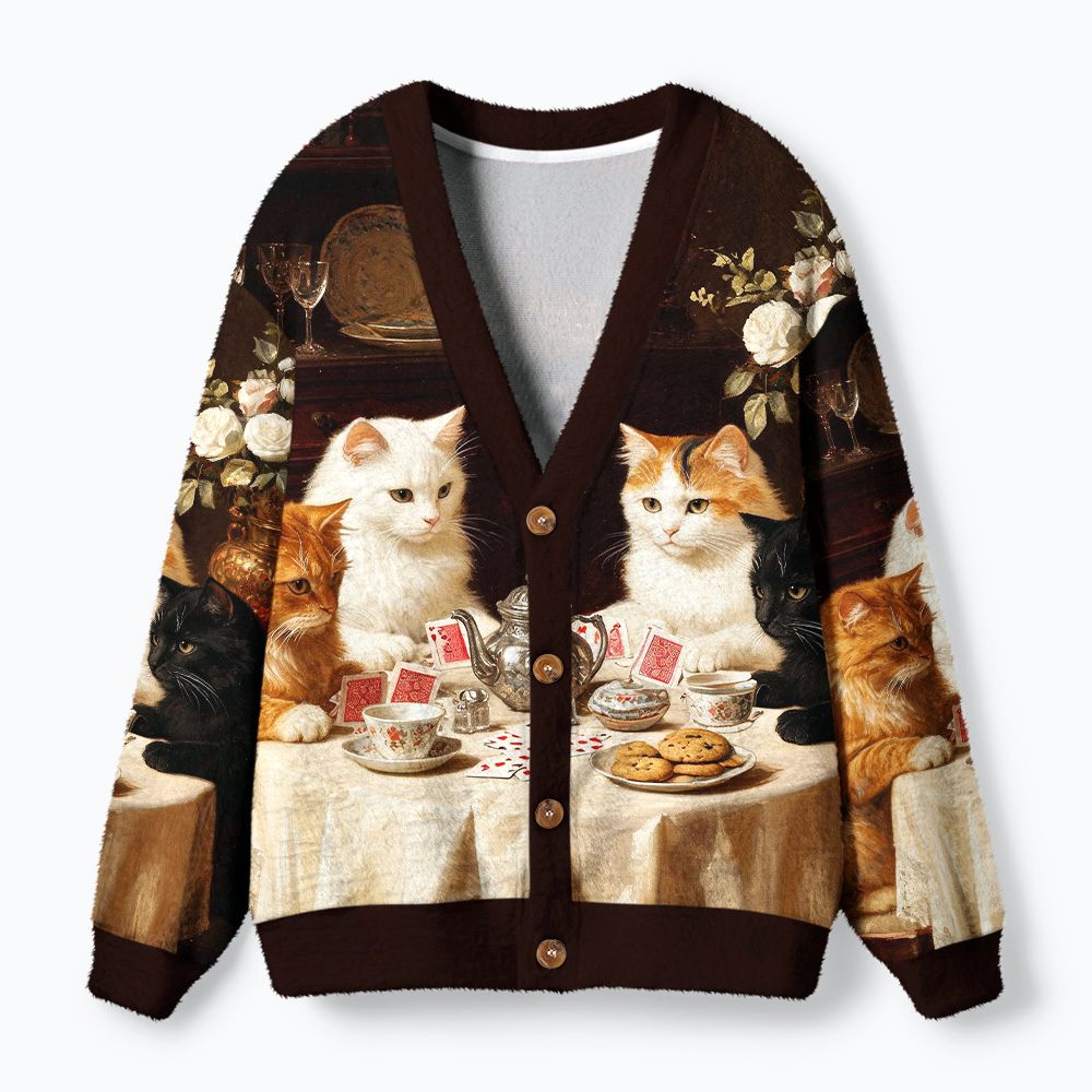 Kyoto-Lion Cat Poker Tea Party Ugly Cardigan Sweater