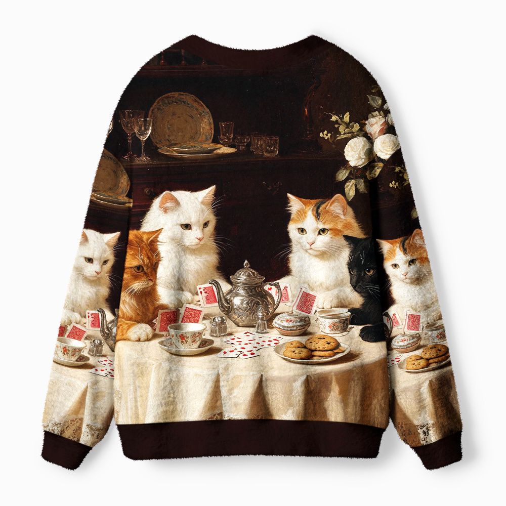 Kyoto-Lion Cat Poker Tea Party Ugly Cardigan Sweater
