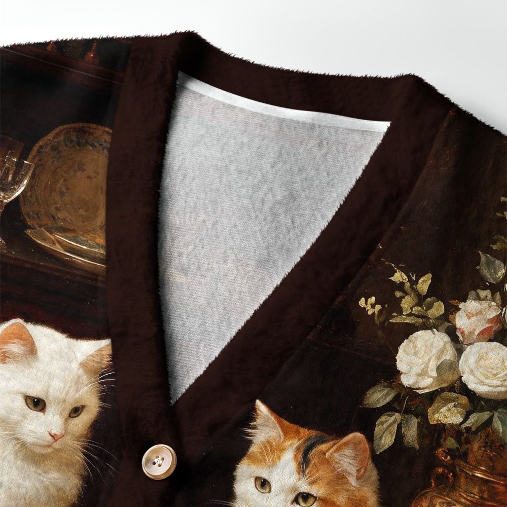 Kyoto-Lion Cat Poker Tea Party Ugly Cardigan Sweater