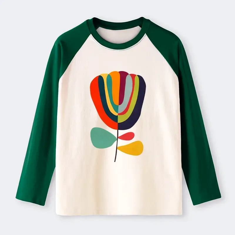 Kyoto-Lion Colorful Flower Minimalist Print Raglan Long Sleeve T-shirt